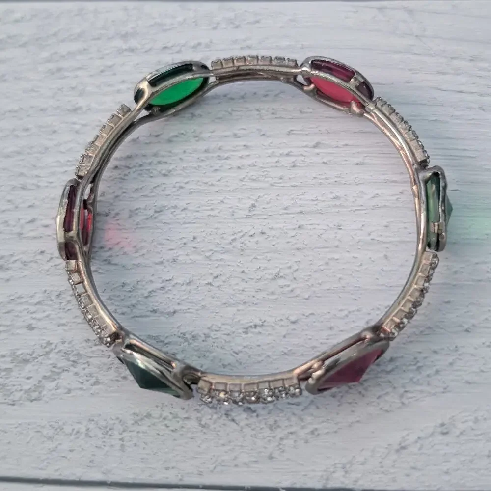 Vintage Bangle Bracelet - Red, Green, Clear - Just Over 6.75" - Picture 6 of 8